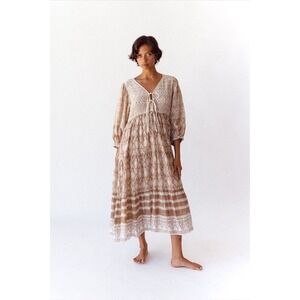 $257 NWT Daughters of India Kyra Midi Dress Autumn Brown Block Print Excellent